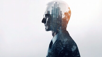 Poster - Double Exposure Portrait of a CEO with Urban Skyscraper Background