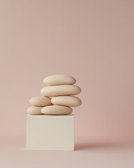 Poster - Serene stone tower on cube against soft pink backdrop captures balance harmony and zen in minimalist style
