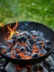 Poster - Fiery Charcoal Embers Glowing in a Rustic Bowl on a Summer Evening with Green Grass Background in Warm Tones