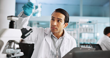 Poster - microscope, chemical and research with man in laboratory for science sample, molecular reaction and 