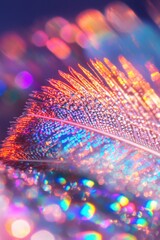 Poster - Iridescent feather with water droplets shimmering in vibrant hues against a dreamy bokeh background