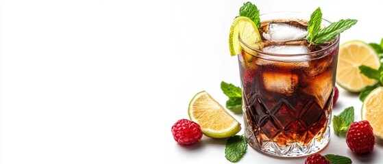 Poster - Refreshing cuban cocktail with lime raspberries and mint leaves on white background perfect for summer party