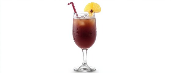 Poster - Refreshing dark beverage in a glass garnished with pineapple slice and straw against a white background