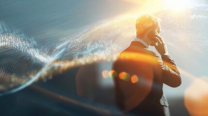 Poster - Businessman Engaged in Mobile Conversation with Digital Waves
