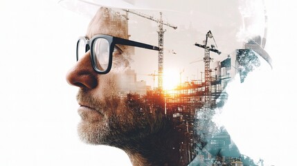 Poster - Double Exposure of Businessman in Office Setting with Construction