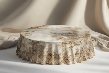 Poster - Elegant marble podium display with soft beige fabric backdrop for product showcase and promotion in a studio setting with natural light