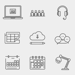 Poster - Business and Work Communication Icons, Data Cloud, Calendar, and Meeting Line Art
