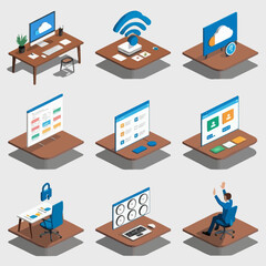 Poster - Isometric Set of Business and Technology Concepts with Cloud Computing and Time Management