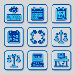 Poster - Neon Outlines of Keyboard, Calendars, Circular Arrows, Scales of Justice, Laptop, and Computer