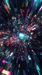 Poster - Abstract digital tunnel with colorful lights and geometric shapes creating a futuristic and immersive experience with a central glowing sphere