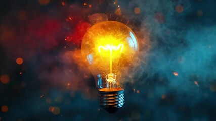 Poster - Glowing Light Bulb with Electric Sparks in Dark Background and Colorful Bokeh Effects