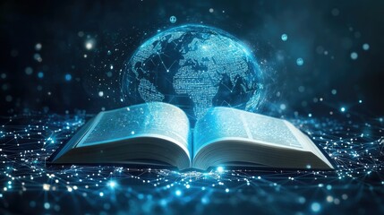 Poster - A glowing open book with a digital globe above it. symbolizing knowledge and global connectivity. set against a backdrop of abstract data patterns and light trails