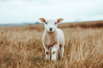 Aufkleber - Lamb standing calmly in a short grass patch under a soft white background on an overcast day
