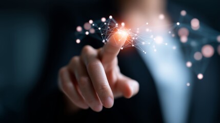 Poster - Modern technology demonstration with a finger touching a digital connection interface in a dark environment