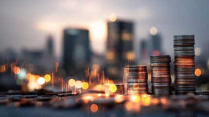 Poster - Double Exposure of Cityscape with Rows of Coins in Soft Focus