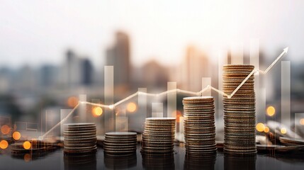 Poster - Double Exposure of City Landscape with Stacked Coins and Graphs