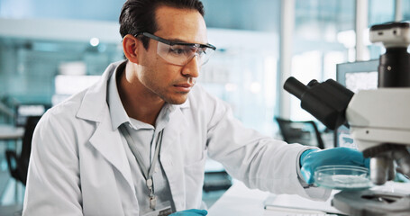 Aufkleber - scientist, man and microscope with petri dish for biology, breakthrough or medical research analysis