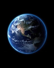 Poster - Earth from space showing North and South America with vibrant blue atmosphere on black background