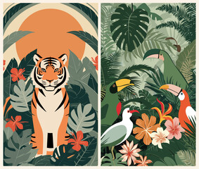 Naklejka na meble Set of Jungle retro posters with different exotic animals. Trendy vintage style wall art, card, print template in vivid bright colors. Vector flat illustrations