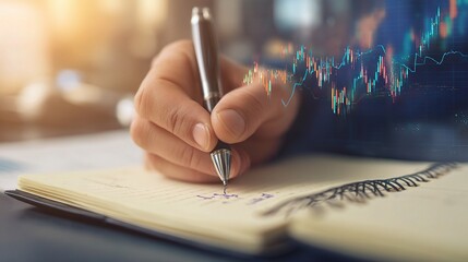 Poster - Male Hand Writing Notes with Stock Data Charts in Background