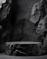 Poster - Elegant black stone podium display against a dark rock background with dramatic lighting for product showcase and minimalist design