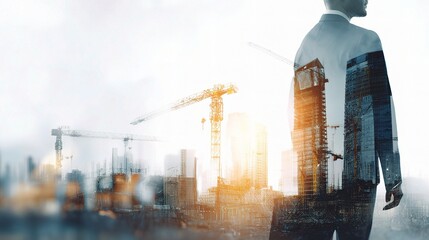 Poster - Double Exposure of Businessman in Office with Construction Overlay