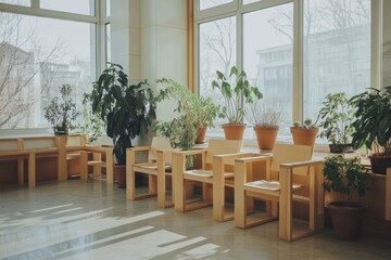 Poster - Serene indoor space with wooden chairs and potted plants near large windows creating a peaceful atmosphere and natural light illuminating the room with a minimalist style