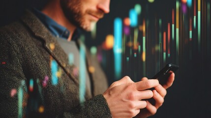 Poster - Business Casual Man Using Phone with Colorful Data Visualizations