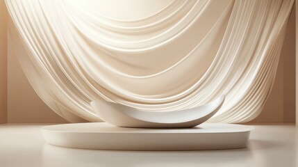 Poster - Elegant Creamy Fabric Backdrop with Modern Platform and Decorative Bowl for Product Display and Presentation in a Minimalist Studio Setting
