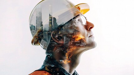 Poster - Future Cityscape Reflected in Hard Hat of Construction Worker