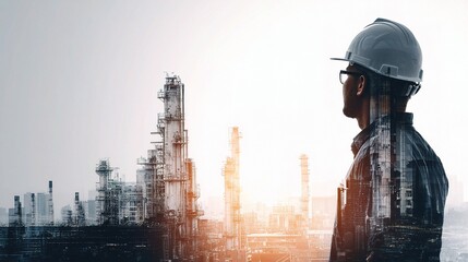 Poster - engineer in hard hat overlooking industrial plant at sunrise
