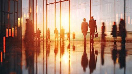 Poster - Businesspeople Walking Through Modern Glass Office at Sunset