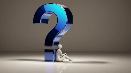 Aufkleber - Contemplating solutions, white stylized human sitting beside large reflective blue question mark, exploring uncertainty and potential answers on minimalist white surface