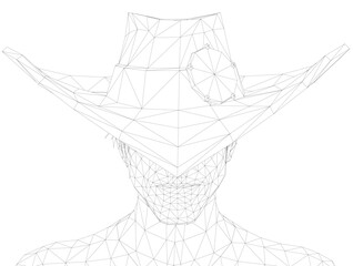 Poster - A man wearing a cowboy hat is drawn in black and white. The hat is tilted to the left and has a diamond shape on the front. The man's face is not drawn, but the hat is the main focus of the image