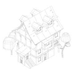 Poster - A house with a trees. The house is a two story building with a slanted roof. Isometric view