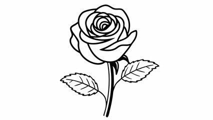 Poster - Detailed line drawing of a rose with intricate petals and leaves on a white background for coloring book page created with generated ai