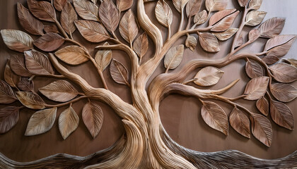 Poster - Tree artwork with textured leaves and branches on a wooden background