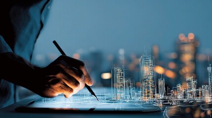 Fototapete - Entrepreneur Creating Digital Sketch of Urban Landscape and Structures