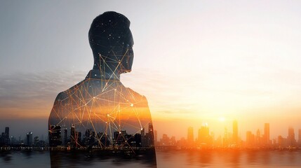 Poster - Double Exposure of Digital Finance Network at Sunset Over Cityscape