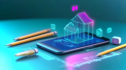 Poster - Holographic mini house model on an innovative smartphone display with creative design