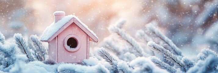 Aufkleber - Charming little birdhouse nestled among snowy pines in a pastel winter fairytale setting