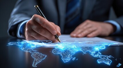 Poster - Businessman Signing Contract in Digital World with Global Map Overlay