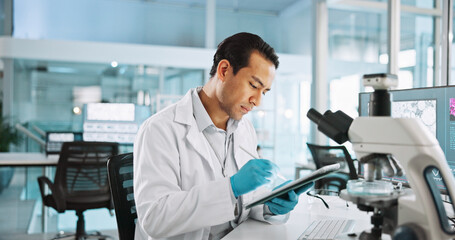 Poster - Scientist, man and tablet with microscope for biology, breakthrough or medical research analysis. Biotech, laboratory and thinking with DNA study for pharmaceutical RNA or pathology experiment