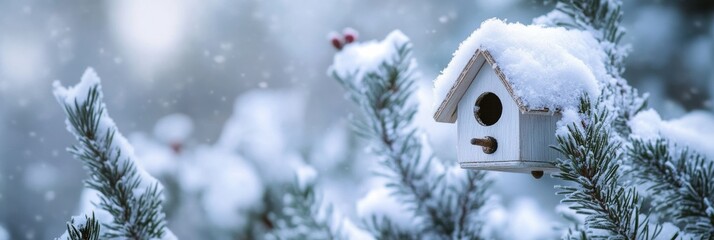 Poster - Little birdhouse nestled among snowy pines creates a pastel winter fairytale atmosphere during a serene snowfall