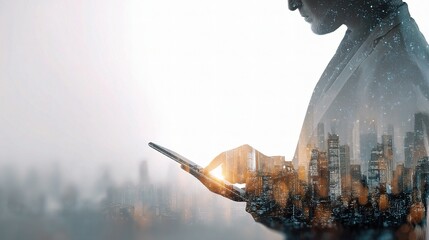 Poster - Businessman Holding Digital Device in Double Exposure Urban Scene