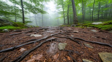 Poster - Massive tree roots extend from the moist forest floor, entwining with rocks, while soft moss and thick morning fog envelop the trunks of ancient trees in the background