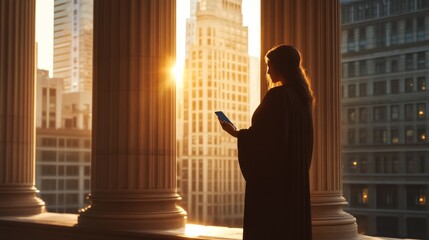 Poster - A digitally rendered sculpture shows a classical female figure in a toga, blending historical elegance with modern technology in a stunning cityscape backdrop