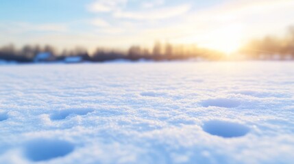 Poster - Paw prints cover the untouched snow, revealing a small animal's journey in a tranquil winter landscape bathed in soft sunlight