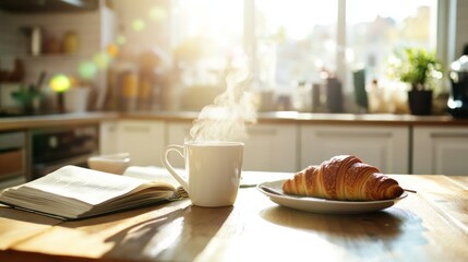 Poster - A cozy breakfast table displays a steaming cup of coffee, a flaky croissant on a plate, and an open book, all illuminated by gentle morning light