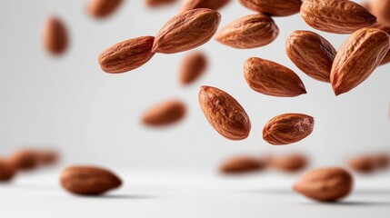 Poster - Peanuts descend gracefully through the air, each at a different angle, showcasing their natural textures and shadows against a stark white background